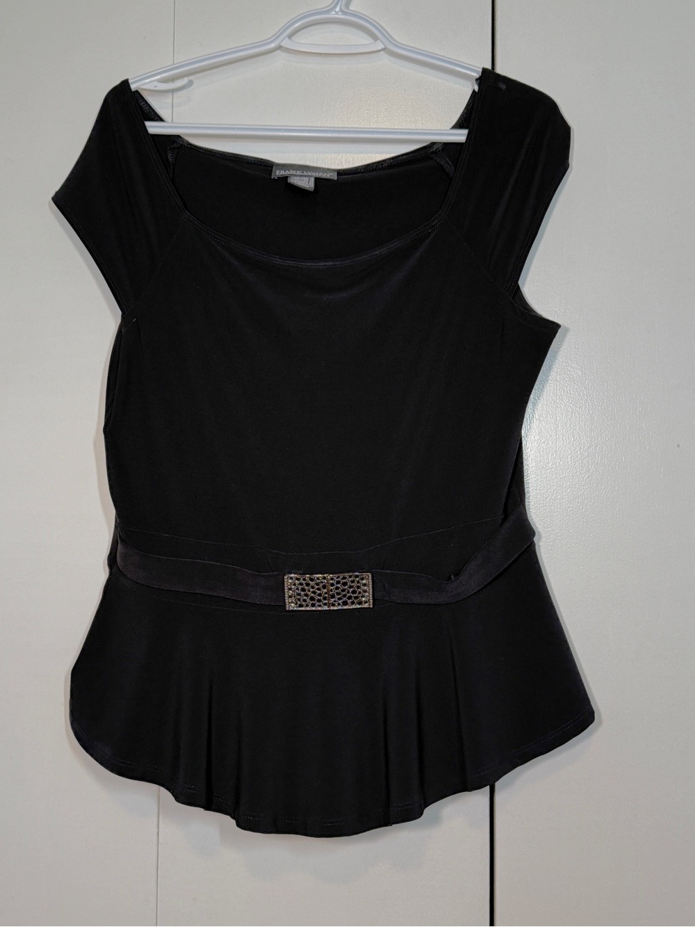 Frank Lyman Black Peplum Cap-Sleeve Top with Decorative Belt